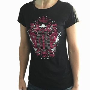 JUICY COUTURE Monogram Pink Glitter Black Short Sleeve Shirt Junior Size Medium